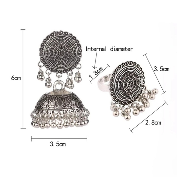 Antique silver tassle jhumka with ring set/ Indian pakistani jewelry/ jhumka set - Picture 4 of 5